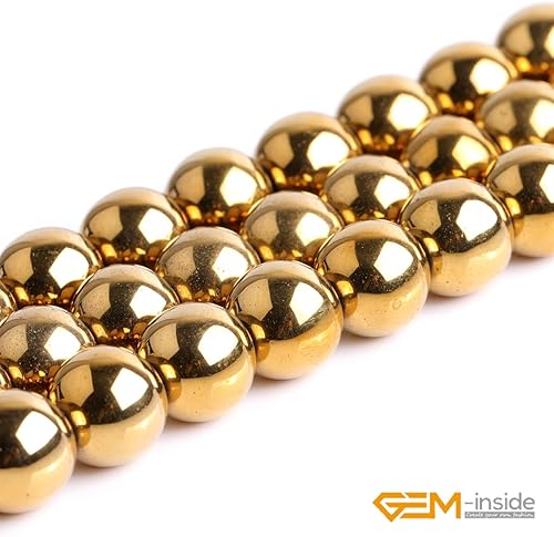 Miniatura 3 de GEM-insid - Cuentas redondas no magnéticas de hematita de oro natural de 0.472 in para hacer joyas, pulseras y collares de 15 pulgadas