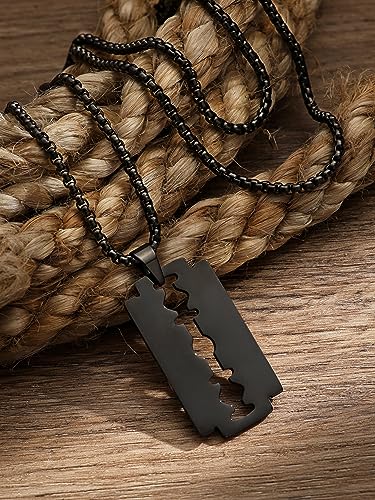HAQUIL Razor Blade Necklace, Black Plated Stainless Steel Razor Blade Pendant, Box Chain, Gothic Punk Rock Hip Hop Jewelry Gift for Men4