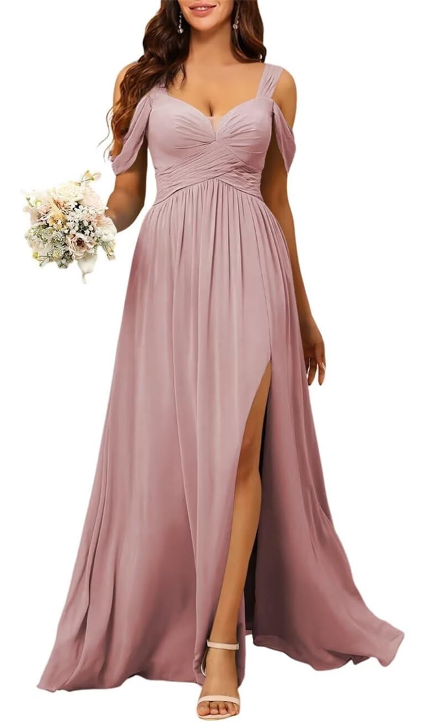 YIANN Dusty Rose Chiffon Bridesmaid Dresses for Women with Slit Long Cold Shoulder Beach Wedding Formal Dress Evening Gown UK24