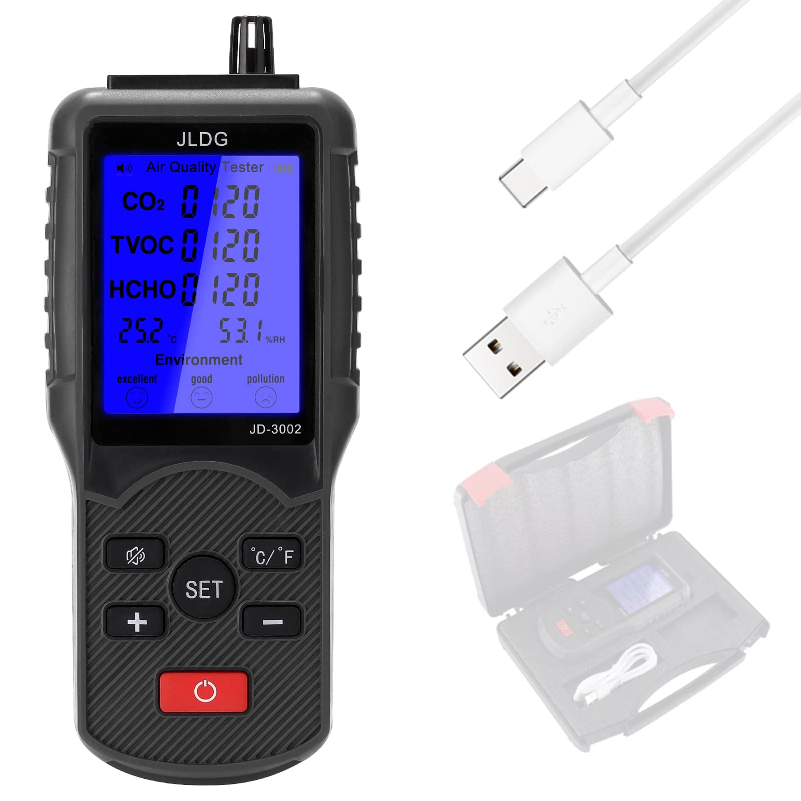 Misuratore Multifunzionale della qualità dell'aria, Tester Elettrochimico della qualità dell'aria con Monitor di umidità della Temperatura CO2 TVOC HCHO, Display LCD, Ricaricabile Tramite