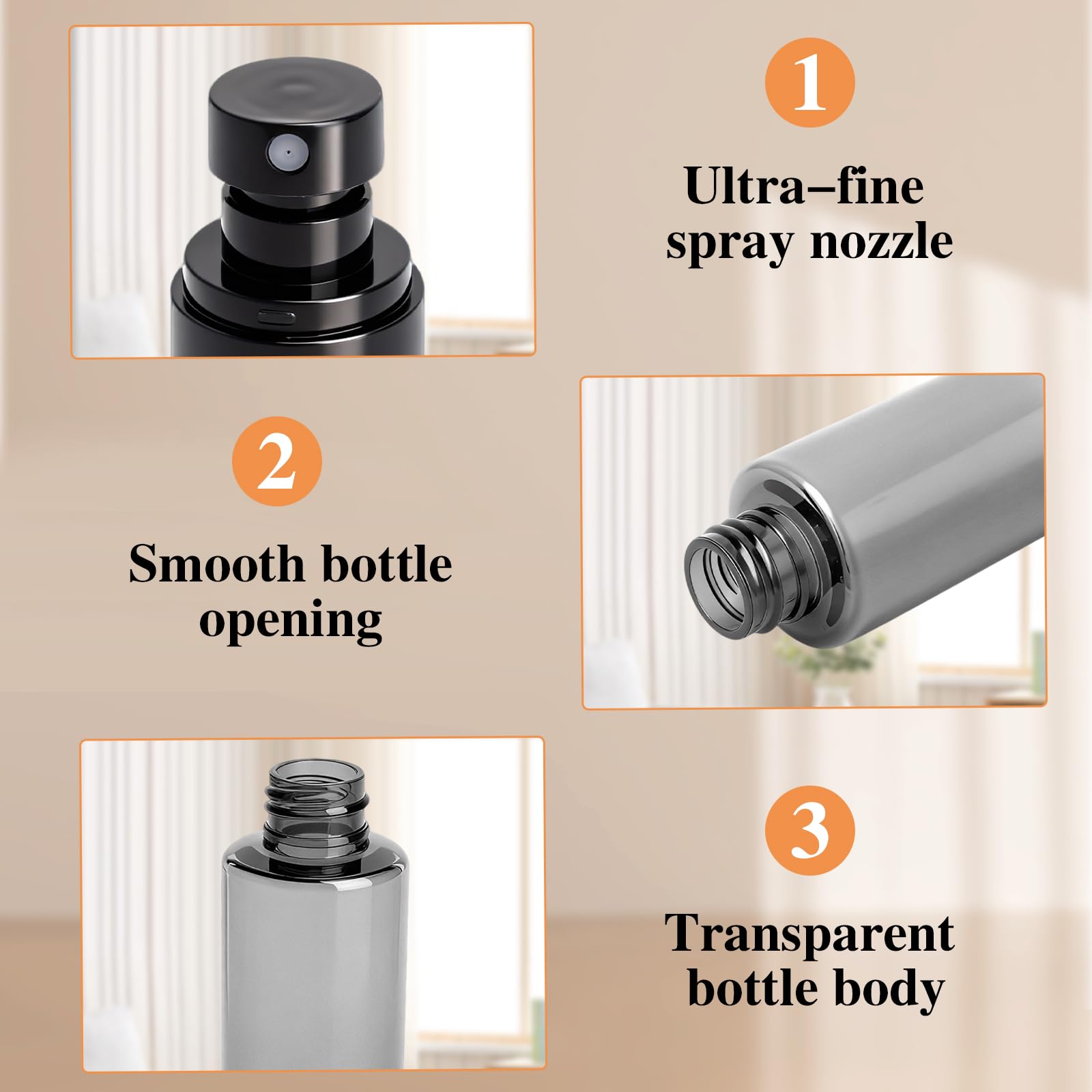 6 botellas bote spray Reutilizable, pulverizador agua negras transparentes, atomizador, botella spray pulverizadorde 60 ml, para perfumes, productos de limpieza y champú