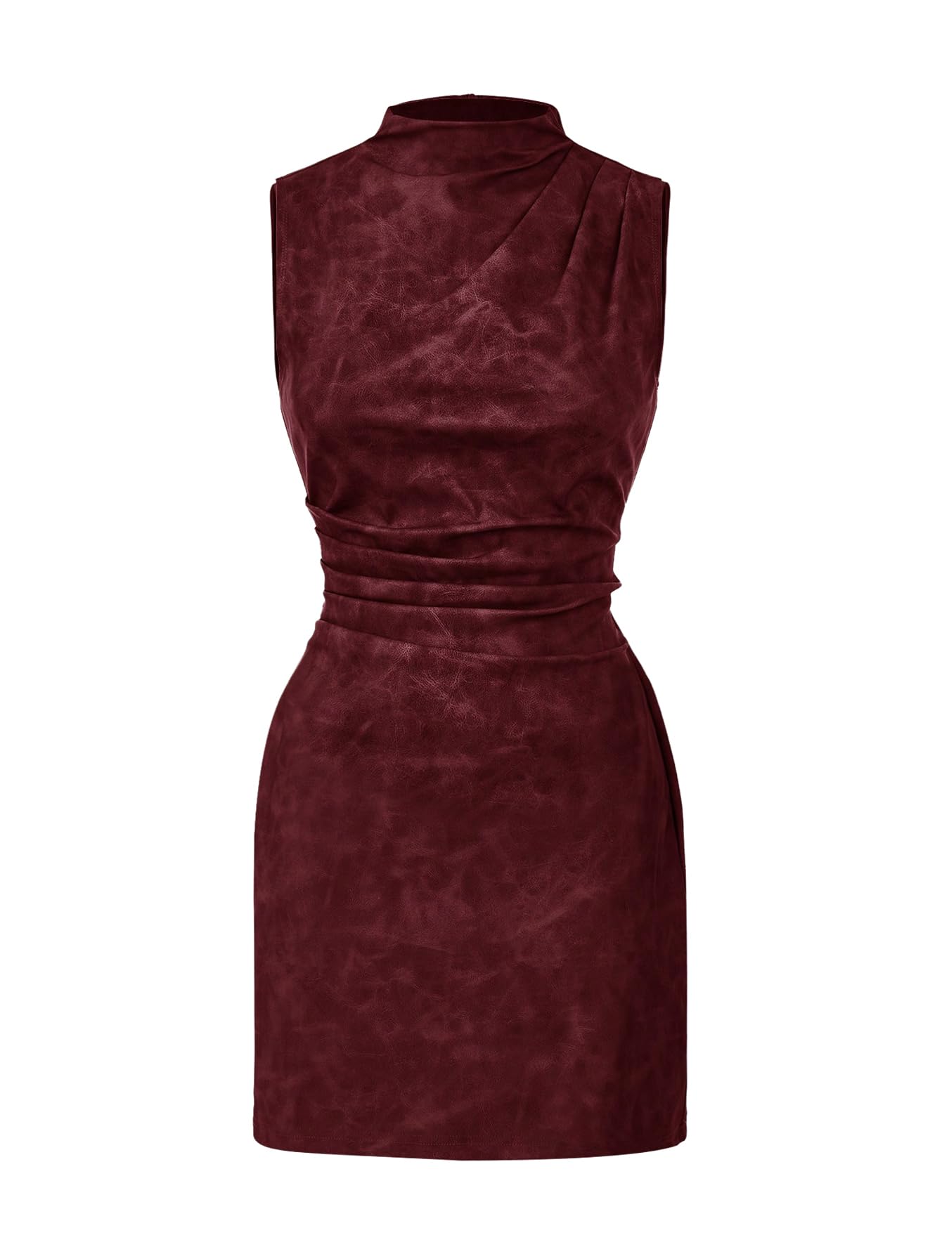 Womens PU Leather Ruched Bodycon Dresses Mock Neck Sleeveless Zipper Mini Tank Dress