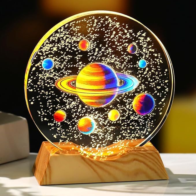 Image of 3D Acrylic Planets Crystal Ball Night Lamp with Wooden Base | Space Theme Saturn Light | Warm Light Table Lamp for Home Decor, Bedroom & Gifts | Aesthetic Night Light for Kids & Adults