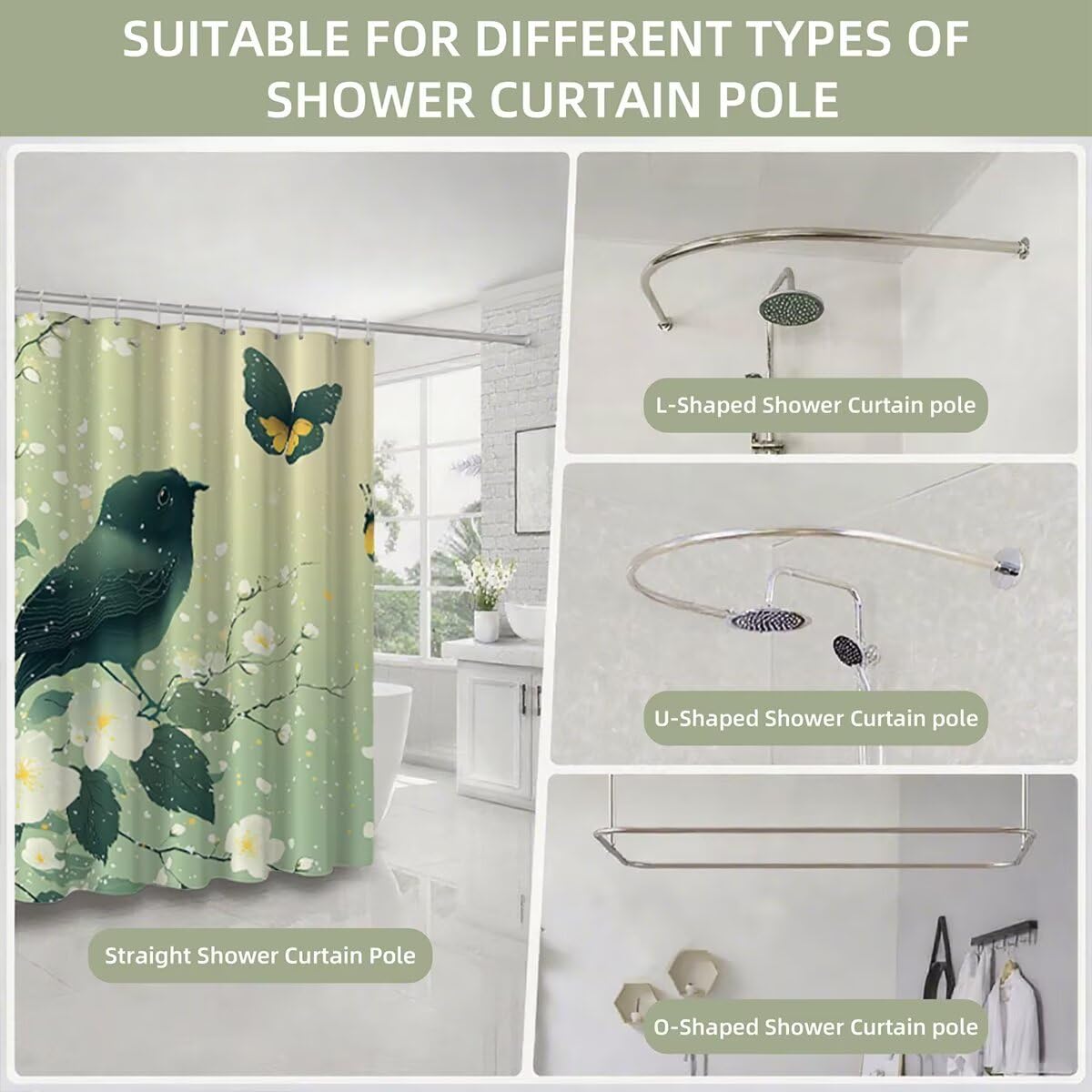 Duschvorhang Salbeigrün Duschvorhang 240x200, Duschrollo Vogel Shower Curtains Beschwerter Saum, Duschvorhänge Badewanne Waschbar Polyester Stoff, Wasserdicht mit 12 Haken, Geschenke für Frauen -3569