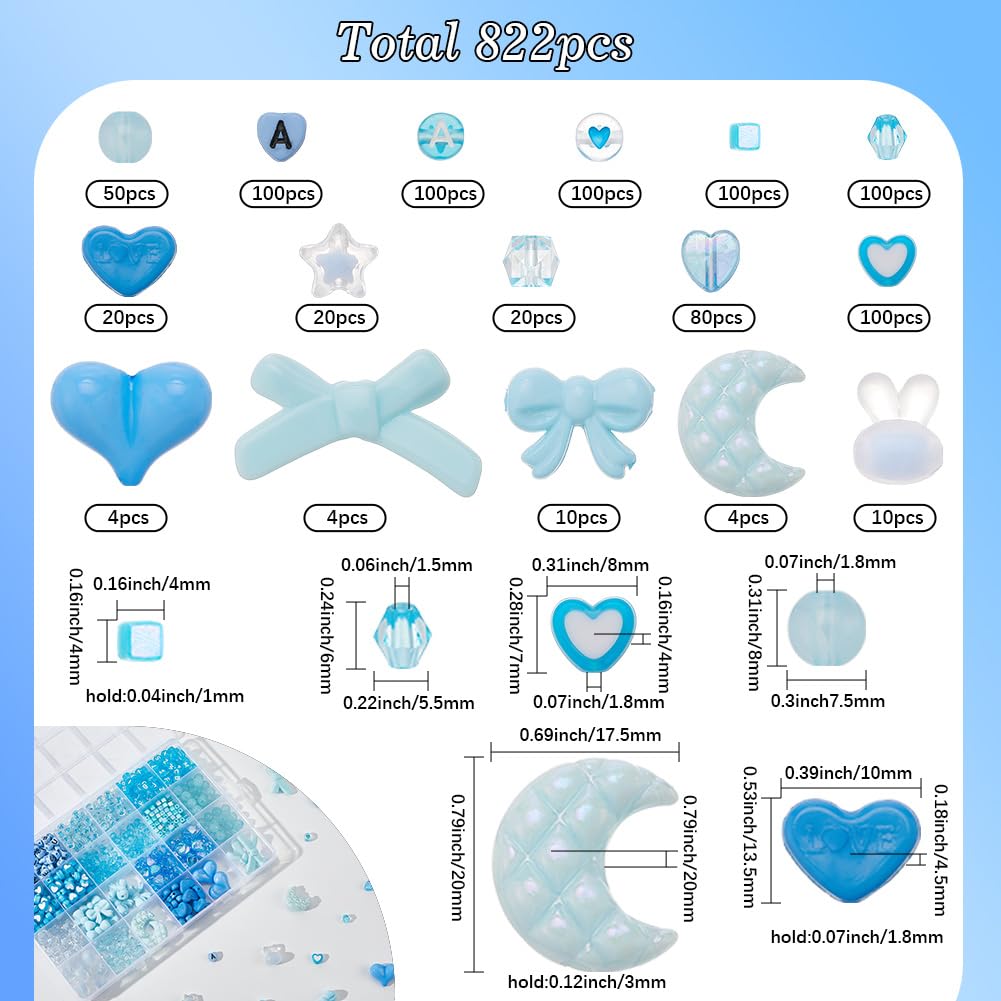 SOFPLATE 1 Box 822Pcs Blue Acrylic Beads Assorted Aesthetic Beads Set Cute Bowknot Rabbit letters Stars Moon Kawaii Flat Round Letters Spacers for Bracelet Necklace Jewellery Making DIY Crafts Bag - Image 2