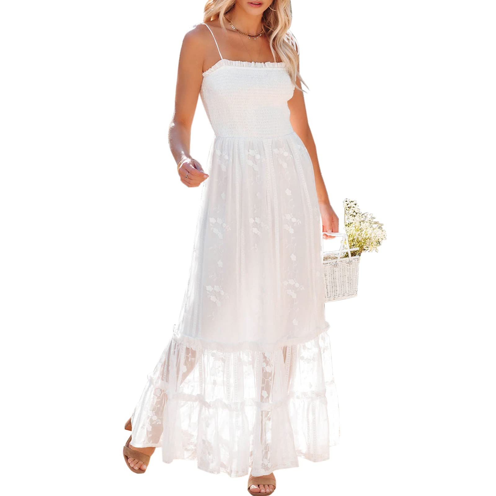 Women Summer Spaghetti Strap Lace Embroidery Floral Sundress Casual