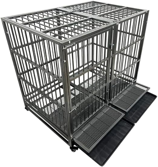 54/48/42/38 Inch Heavy Duty Dog Crate Cage with Wheels, Indestructible and Escape Proof Steel Kennel Indoor for High Anxiety Dogs with Sturdy Locks, Double Door and Tray, Extra Large XL XXL