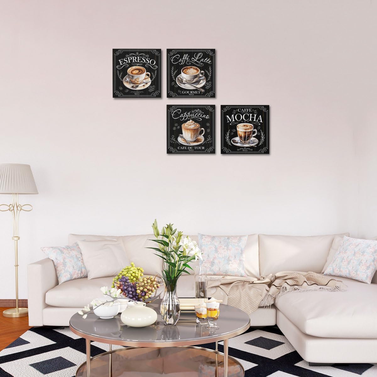 4 PCs Coffee Wall Decor Canvas Wall Art Framed Art Coffee Bar Decor Posters, Gifts for Coffee Lovers, Coffee Bar Sign, Artwork for Walls Coffee Station Dining Room Kitchen Home Office Decor