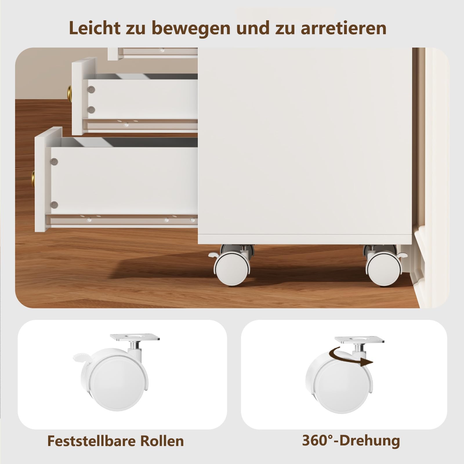 Rollcontainer mit 4 Schubladen, Mobiler Aktenschrank mit Rädern, Druckerständer, Aktenschrank mit Glasplatte, für Homeoffice, Büro, 40 x 30 x 50 cm, Weiß