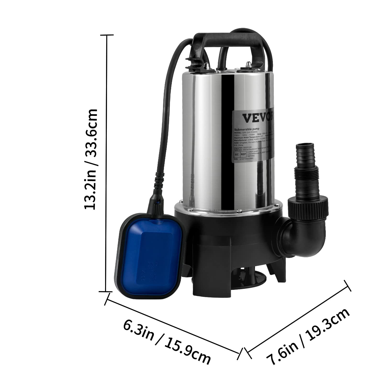 VEVOR Pompe de Relevage Eaux Chargées 1100 W 333,3 L/min Immergée