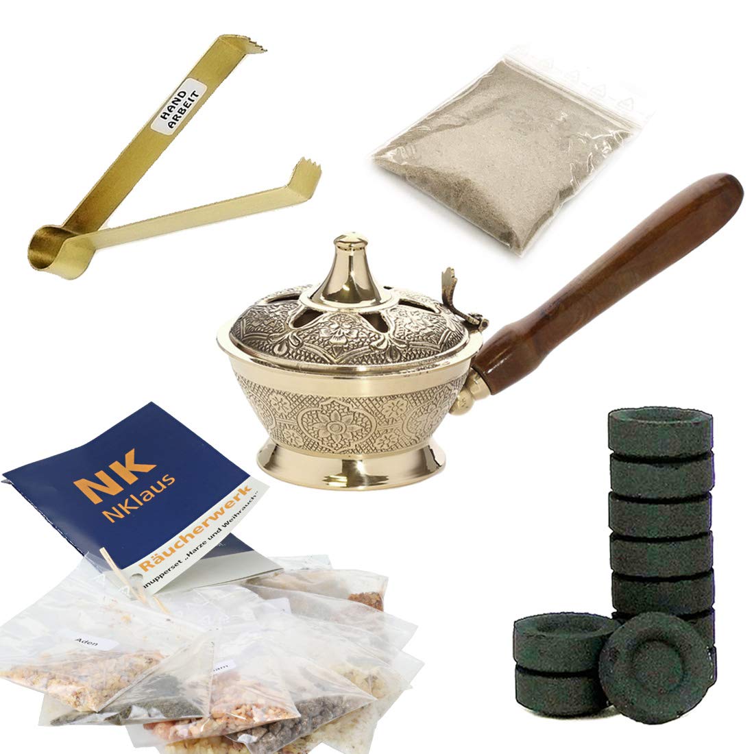 NKlaus goldene Räucherpfanne Set 14tlg mit Natürliche Harze und Weihrauch Räucherkohle 40619