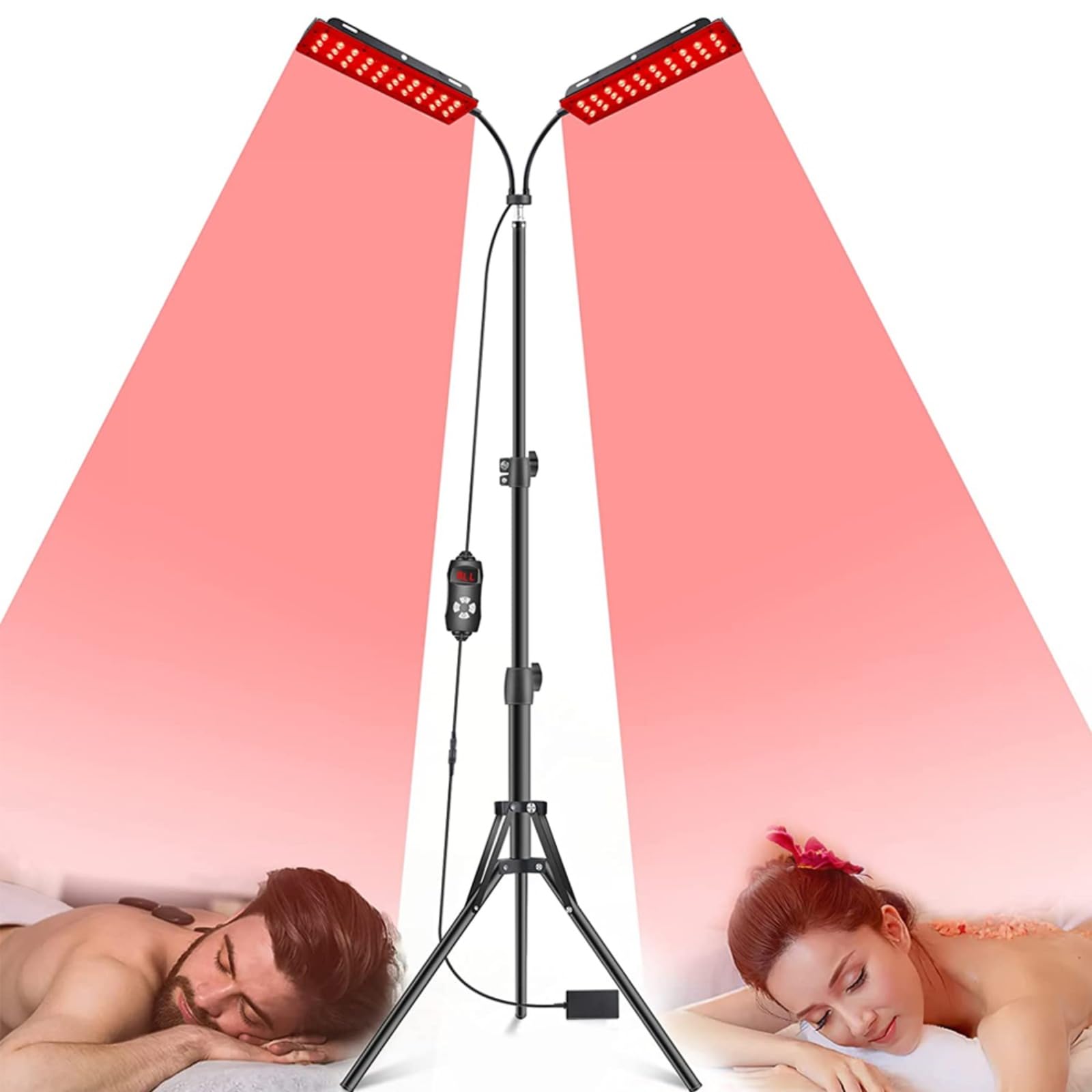 Lampa do terapii światłem czerwonym z regulowanym stojakiem, 660 nm, 850 nm, długość fali 660 + 850 nm - 60 diod LED, dwugłowicowa konstrukcja z timerem, 5 poziomów jasności i 3 tryby do twarzy i