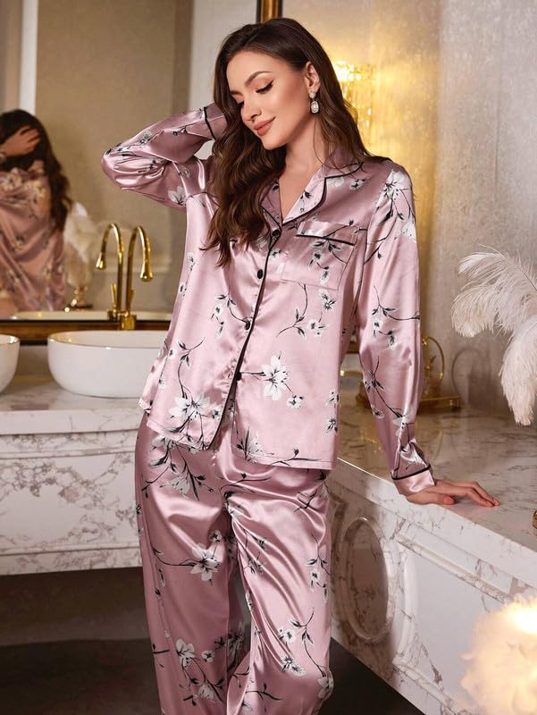 Image of Night Suit for Women with Full Sleeve Button-Down Top with Pant Dress for Woman, Cotton Night Dress for Woman, Two-Piece Loungewear Set