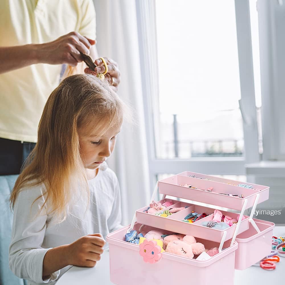 Kids Multi Layer Hair Accessories Organizer Storage Box with Stickers, Lids, and Handle - Plastic Hair Tie Holder for Toddler Girls