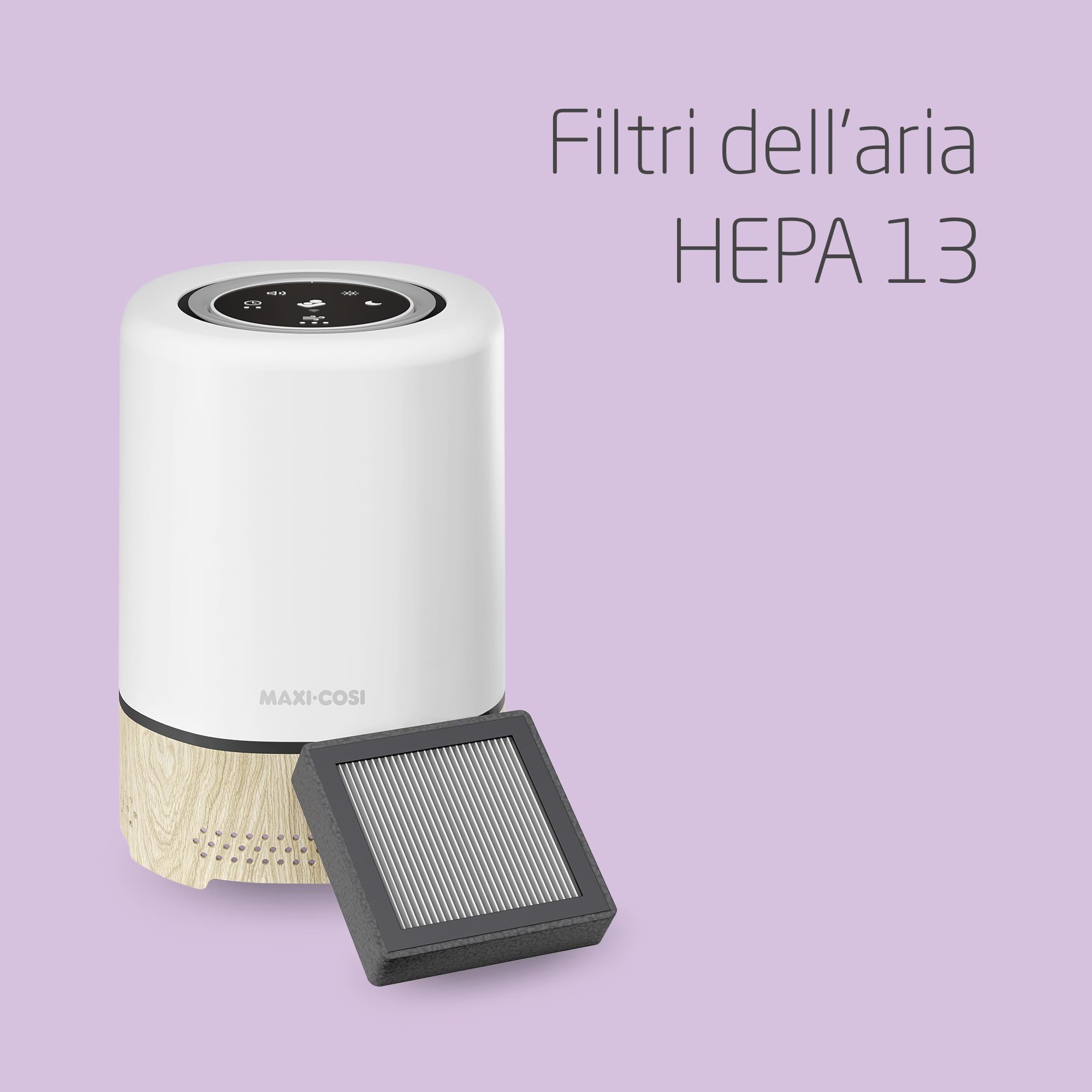 Maxi-Cosi Clean Purificatore d'Aria HEPA, Depuratore aria con filtri HEPA 13, Rimuove il 99,97% di pollini, allergie e polvere, Wi-Fi, Timer e Luce Notturna, Compatibile con Alexa e Google Assistant