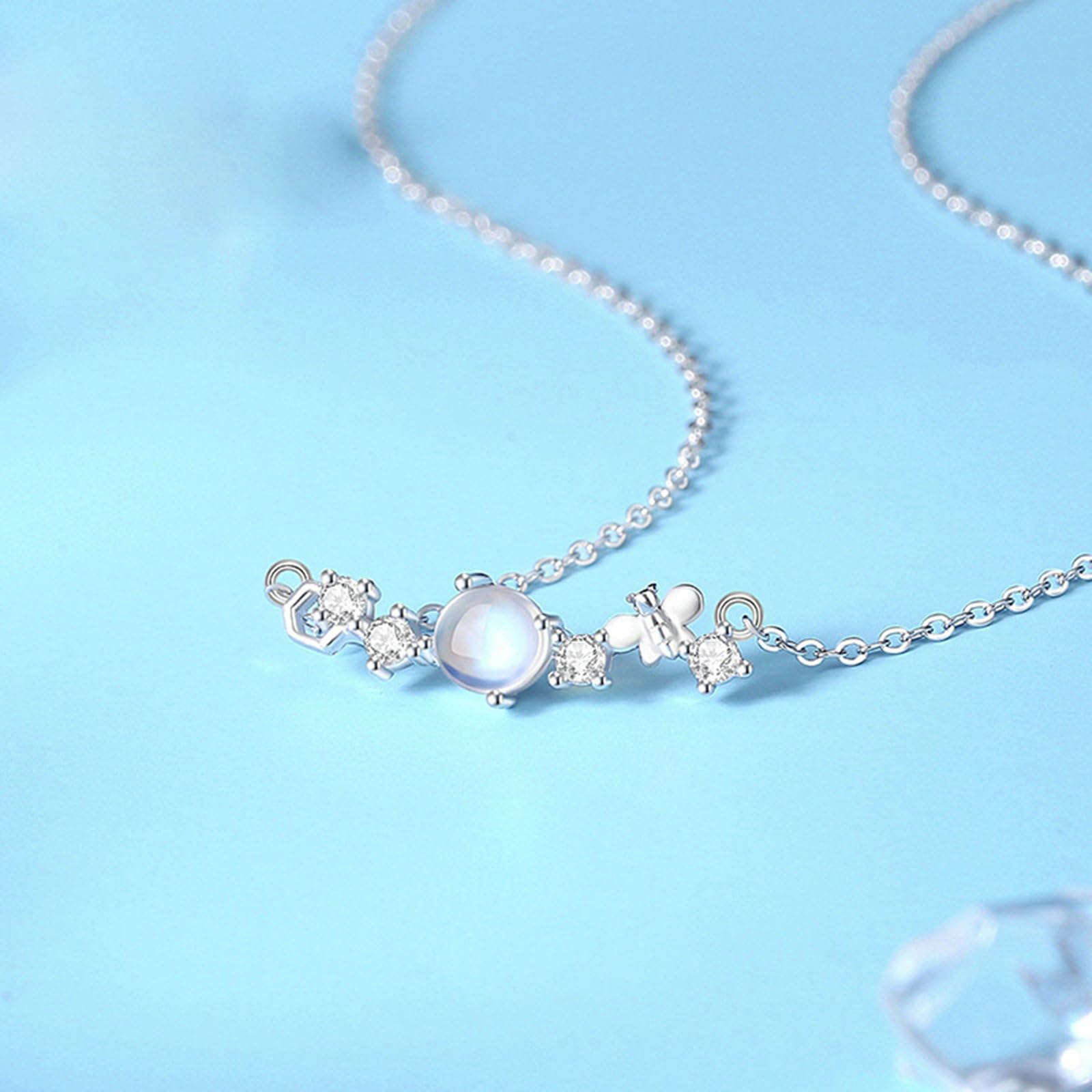 Collar con colgante para mujer de oro blanco 750 585 375, colgante de piedra de luna y abeja con diamante de oro blanco, cadena para mujer, 45 cm, sin níquel