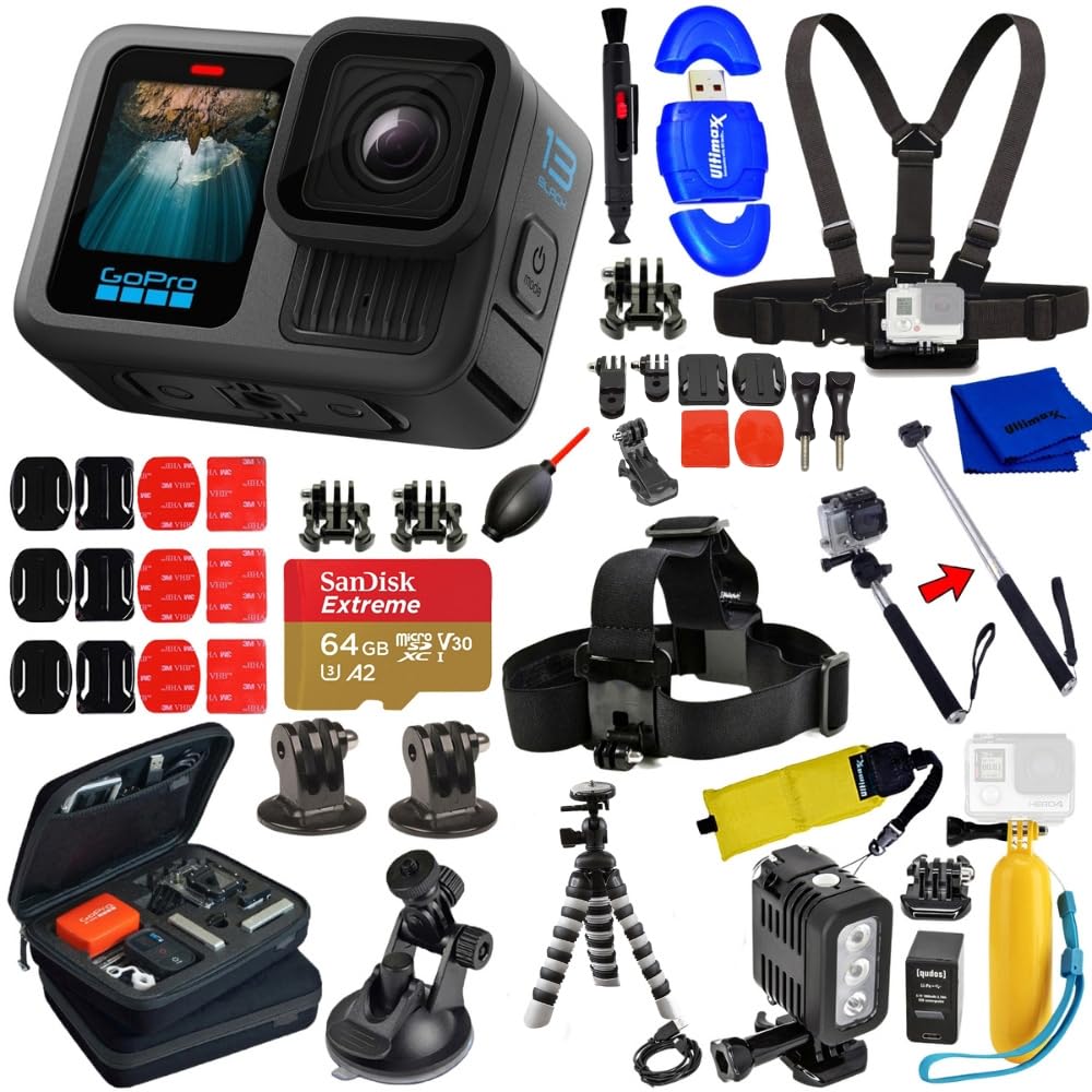 SSE GoPro Hero 13 Action Camera Bundle, 64GB SD Card, Chest Harness, Head Strap, LED Light, Carry Case, Selfie Stick, Mounts, Accessories and Much More