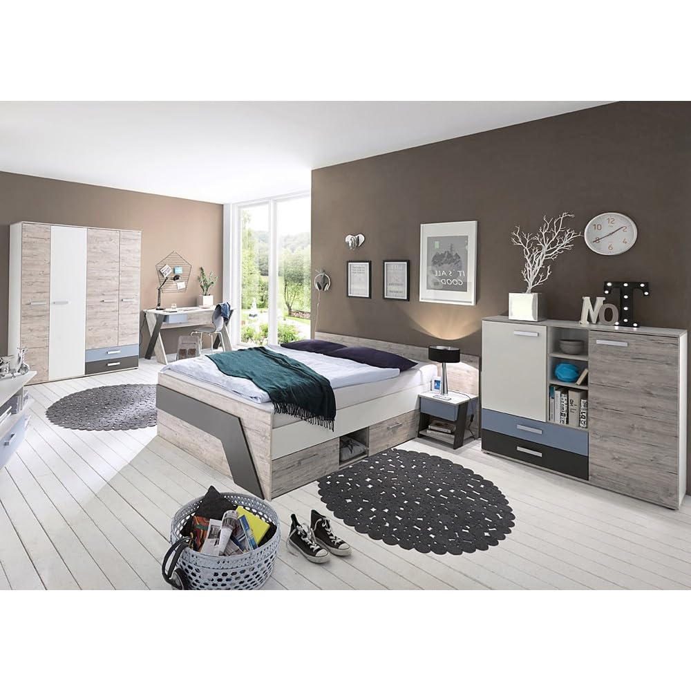 Lomadox Jugendzimmer Kinderzimmer Komplett Set, Eiche weiß Lava blau, 140 x 200 cm Jugendbett, Kleiderschrank, Schreibtisch, Nachttisch, Highboard-Kommode