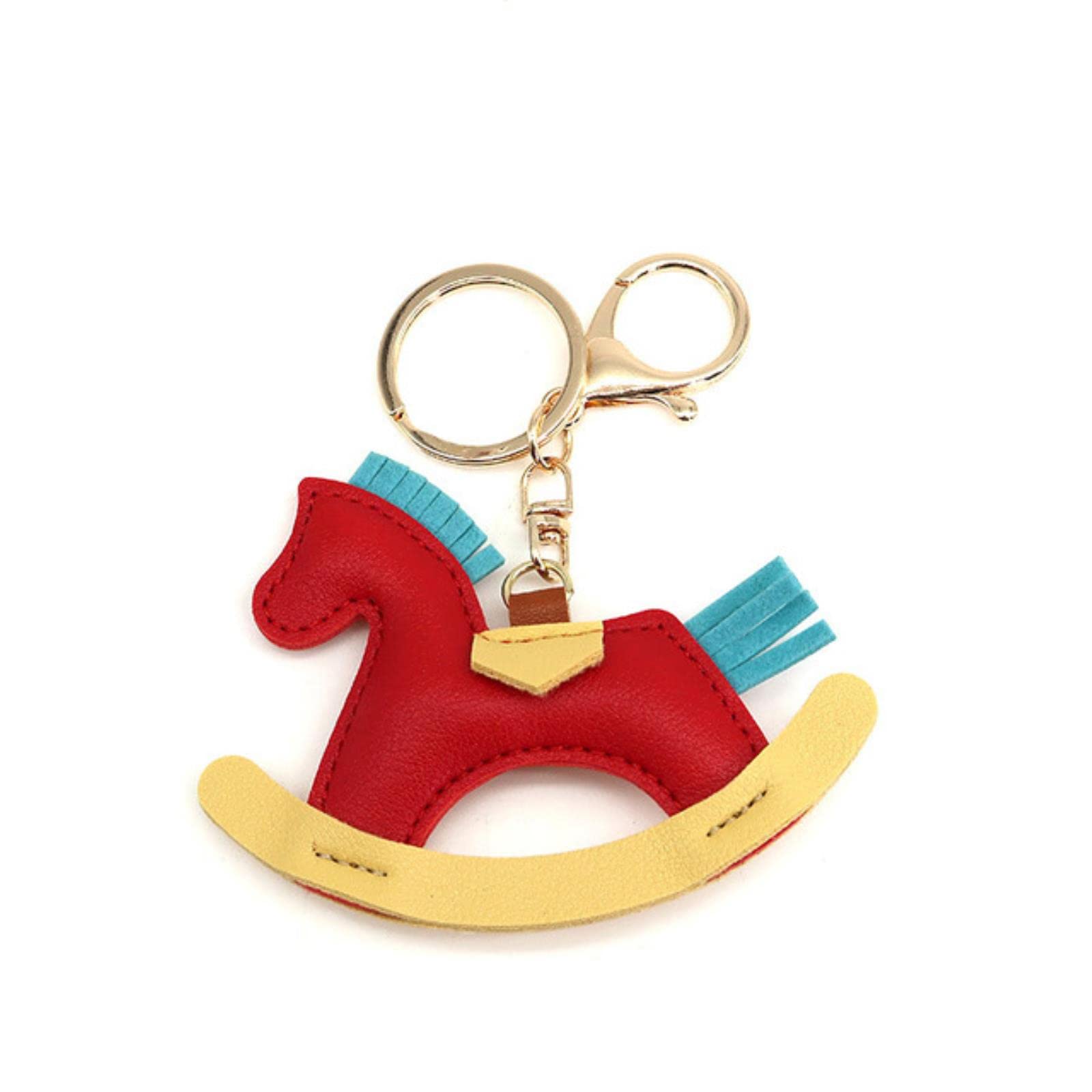 Jijiba Women's Red Leather Charms Bag Pendant Keychain Cartoon Pony Rocking Horses Keyring Cute Animal Ornament Accessories Decoration Gift