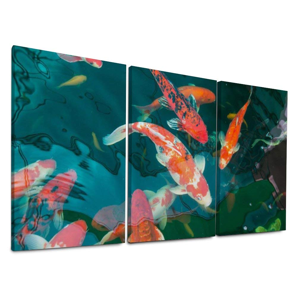 YATELI Wall Decor for Living Room Modern Bathroom Canvas Prints 3 Panels Stretched and Framed Floral Pond Fish Carp Giclee