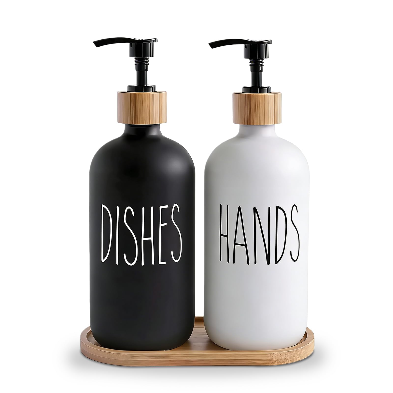 2 Pack 500ml Black & White Glass Soap Dispensers with Bamboo Tray - Refillable Hand & Dish Soap Dispenser Set for Kitchen Countertop and Bathroom, Shampoo Lotion Bottles with Pump