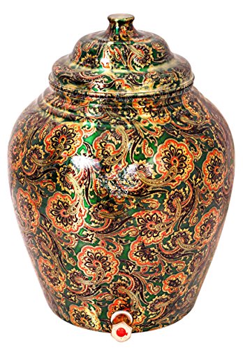 Image of Indian Art Villa Printed Design Copper Water Dispenser Pot Matka, Storage, Home Garden, 6 LTR, Bottle Green