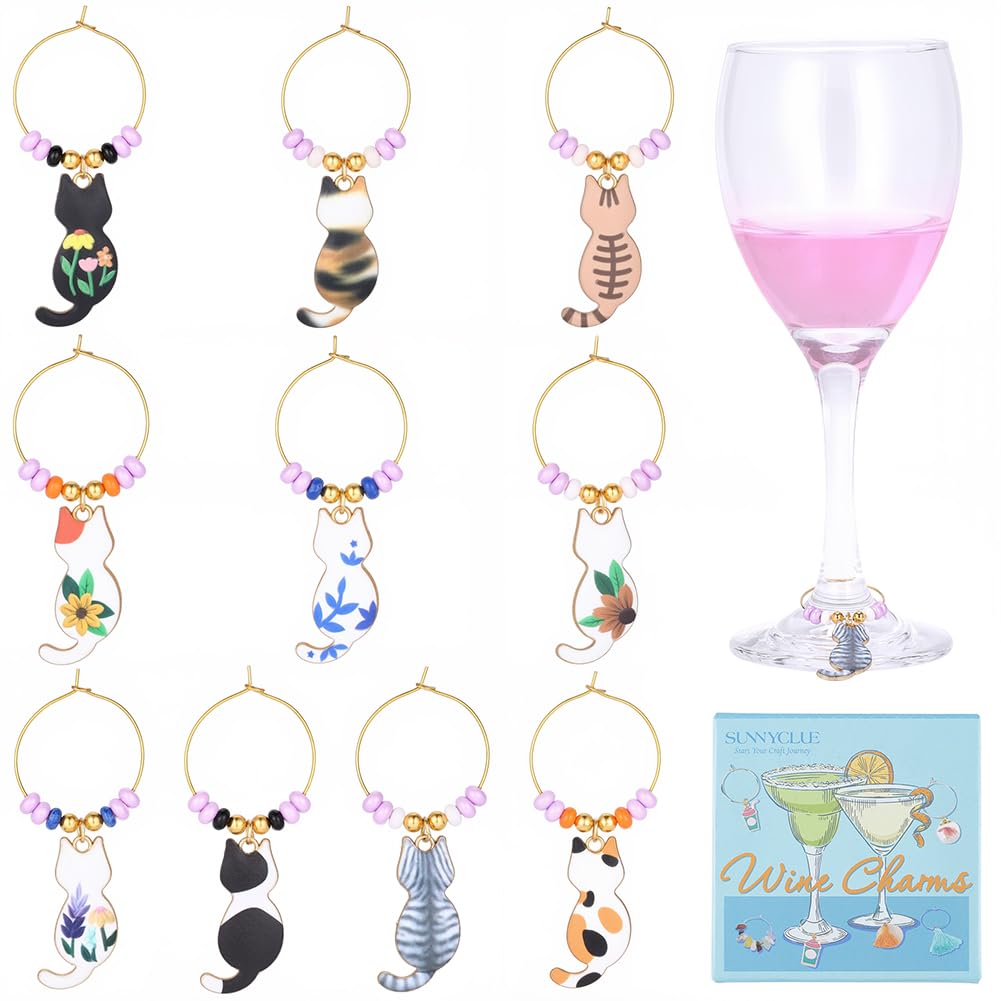 SUNNYCLUE 10 Styles Cat Wine Charms Wine Glass Identifiers Bulk Cute Enamel Metal Animal Glasses Stem Markers Labels Gold Ring Drinks Charms for Gathering Wedding Party Favor Drinks Decor Supplies