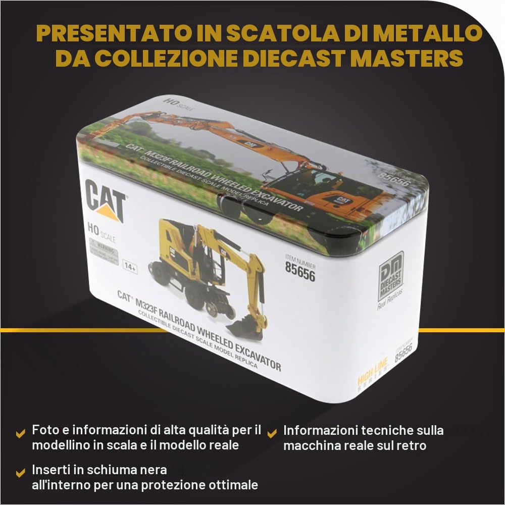 Caterpillar Diecast Masters 85656 - Escavatore Stradale M323F su rotaia, Scala 1:87, Circa 9,5 x 3,4 x 4,6 cm, a Partire da 14 Anni