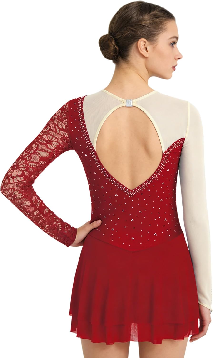 Hularka Women's Shiny Rhinestone Long Sleeve Floral Lace Patchwork Jumpsuit Figure Ice Skating Dresse