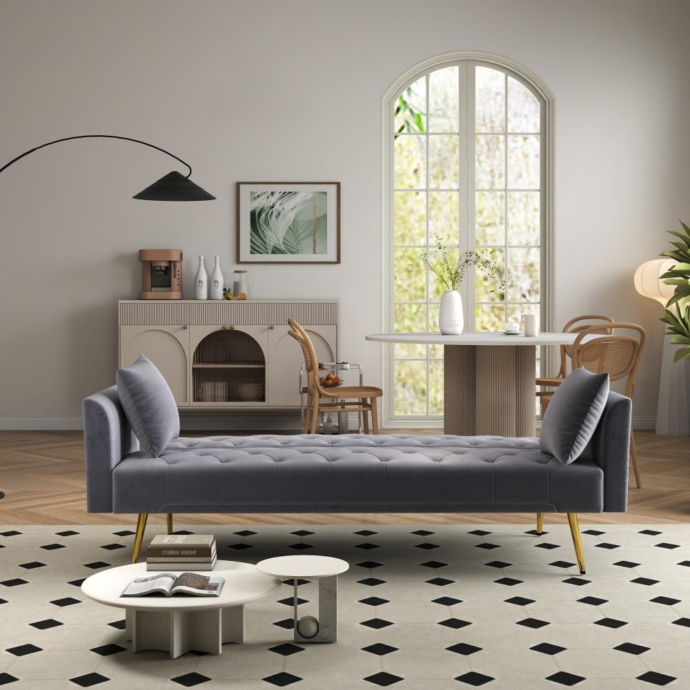 Condition photo showing New/Like New for convertible 72 inch foldable sleeper sofa with tufted, american retro style, made of gray velvet material, suitable for small living rooms, bedrooms and offices. gray color