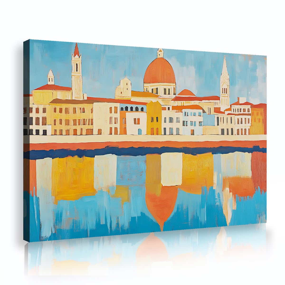 TOANGWALL European Cityscape Water Reflection Framed Canvas Artwork Abstract Retro River Buildings Picture Gallery Wrapped Printed Poster for Dining Room Hallway Decor 75x115cm