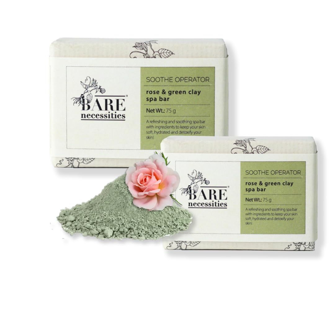 Bare Necessities Soothe Operator Detoxifying Spa Soap Bar | Glacial Green Clay, Calamine Clay & Rose Geranium Handmade Soaps | Body Soap Bar | Gentle Exfoliating Bathing Soap – Pack of 2 × 75 g