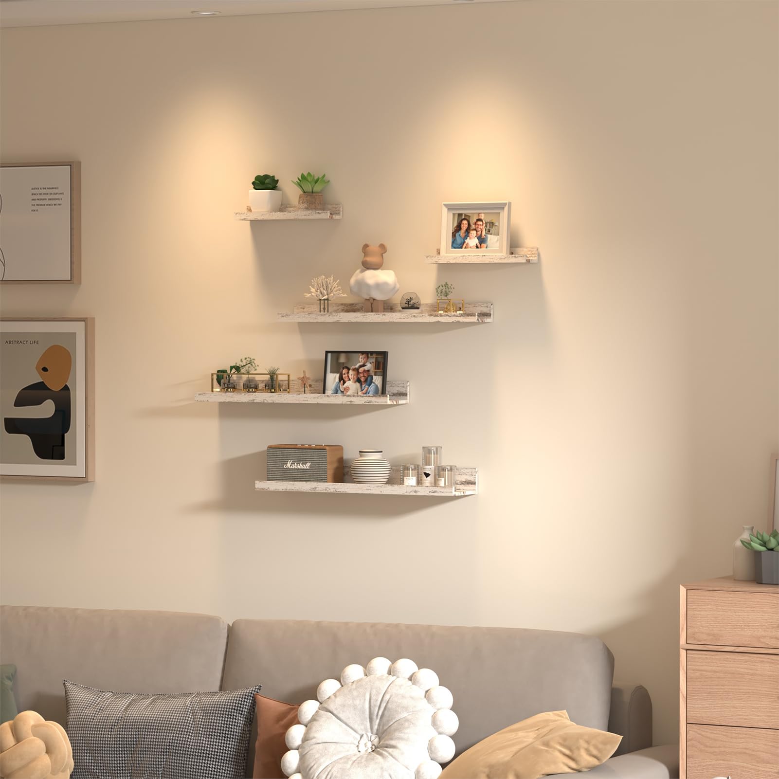 giftgarden 24 inch wall mounted floating shelves set of 5, distressed white wood wall shelves for bathroom, bedroom, kitchen, living room storage and decoration, rustic wooden picture ledge