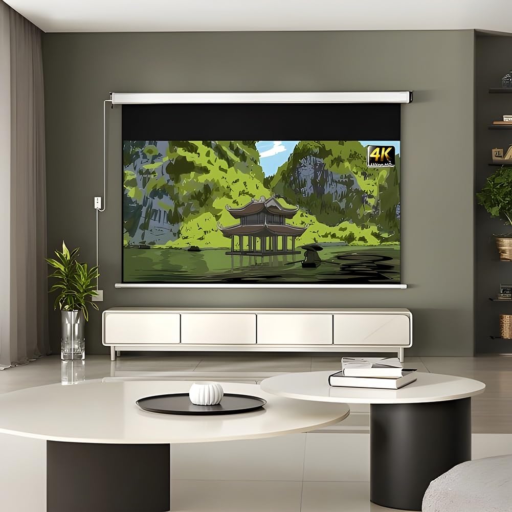 Schermo per Proiettore Motorizzato con Telecomando, Schermo Cinematografico 16:9 8K 4K Ultra HD, Telo Proiettore Montato a Parete/soffitto a Scomparsa per Home Theater, Ufficio, Aula(84 inch)