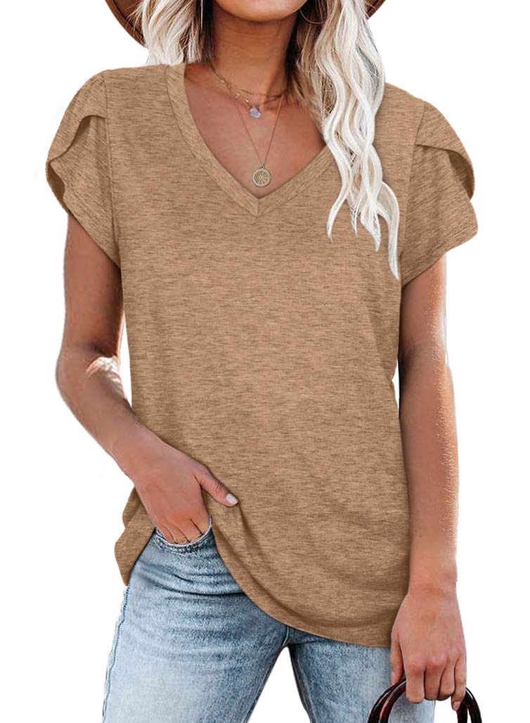 WIHOLLWomens Tops V Neck Summer Petal Sleeve Casual Tshirts