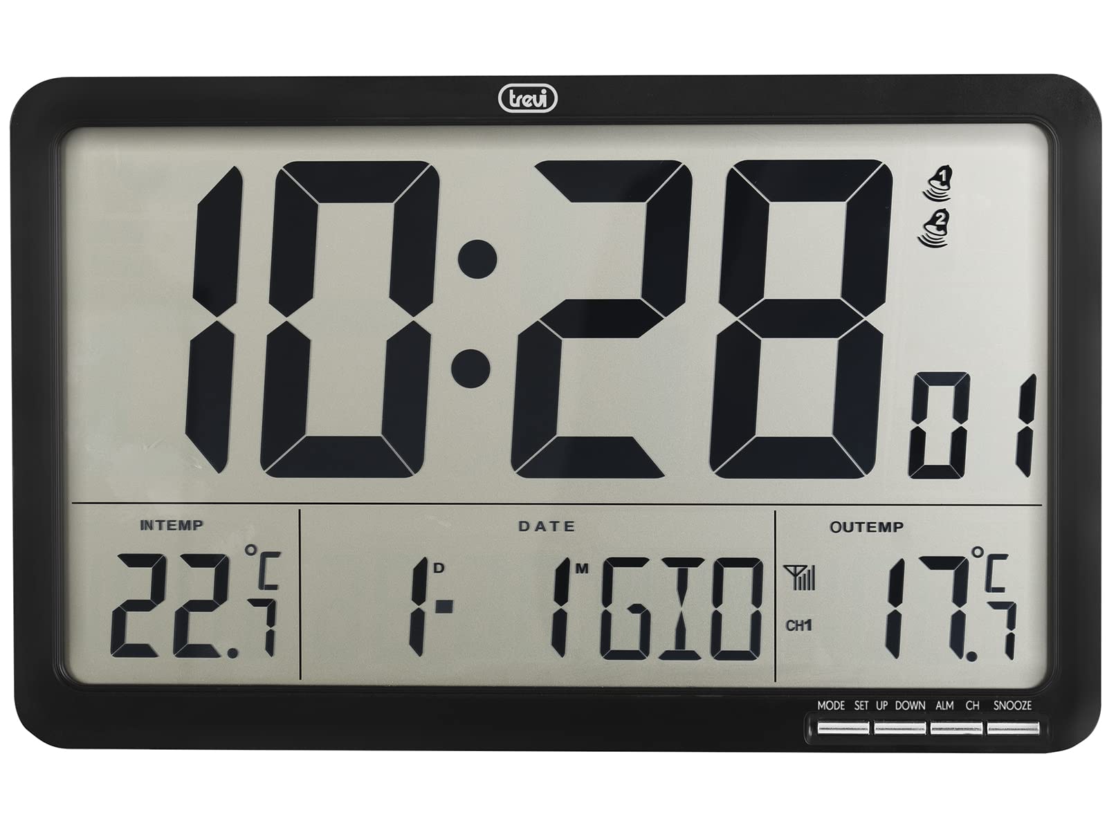 Trevi OM 3560 RC Orologio Digitale da Parete Radiocontrollato con Sensore Esterno, Sveglia Programmabile, Calendario, Termometro
