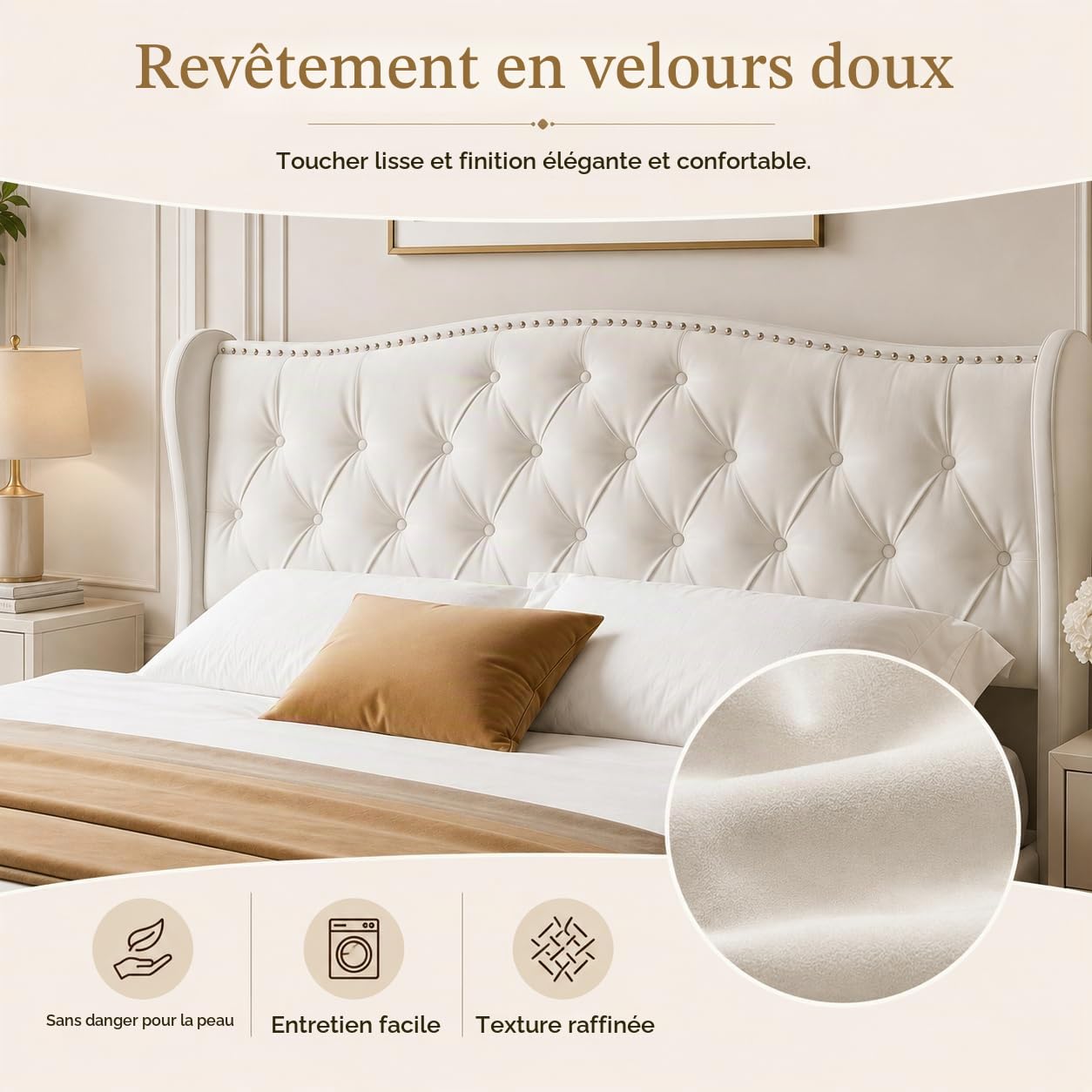 Lit Coffre 160x200 cm avec Sommier, Lit Double Rembourré en Velours avec Grand Rangement, Tête de Lit Élégante, Cadre de Lit Stable pour Adultes et Adolescents (Beige)