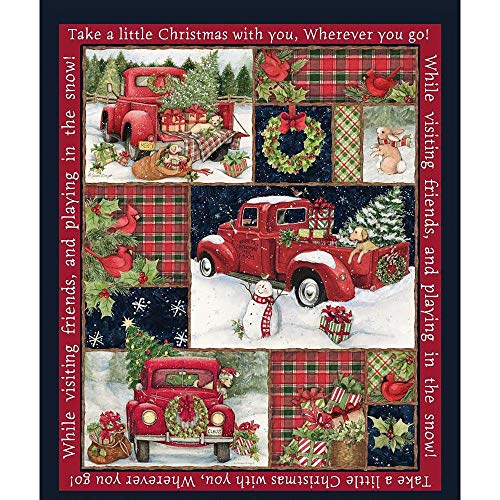 Christmas Fabric Red Truck Collage Panel from Springs Creative 100% Cotton Sold by The Panel Fabric by The Yard