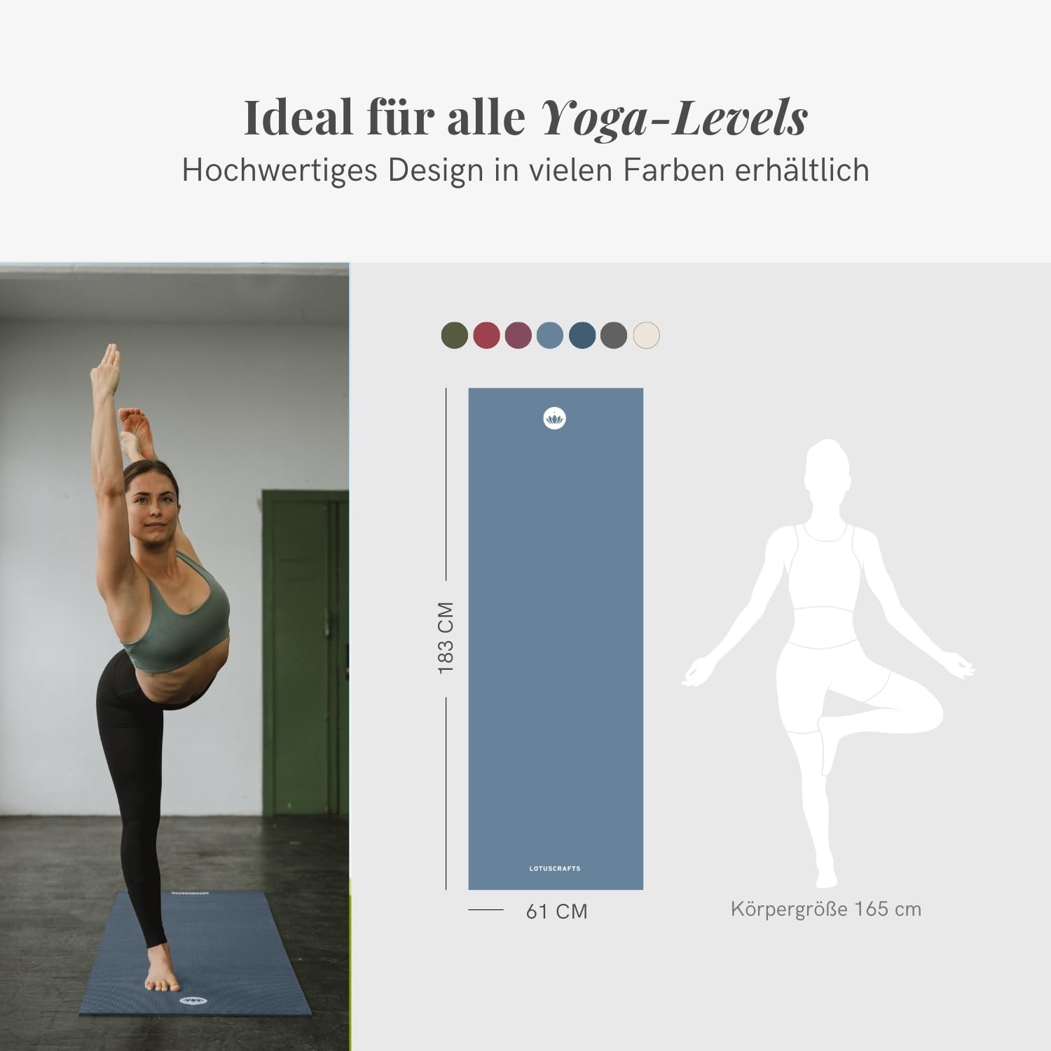LOTUSCRAFTS Tapis de yoga antidérapant, modèle Mudra Studio, standard ou XL, certifié OEKO TEX®, parfait yoga mat polyvalent pour le yoga ou le pilates