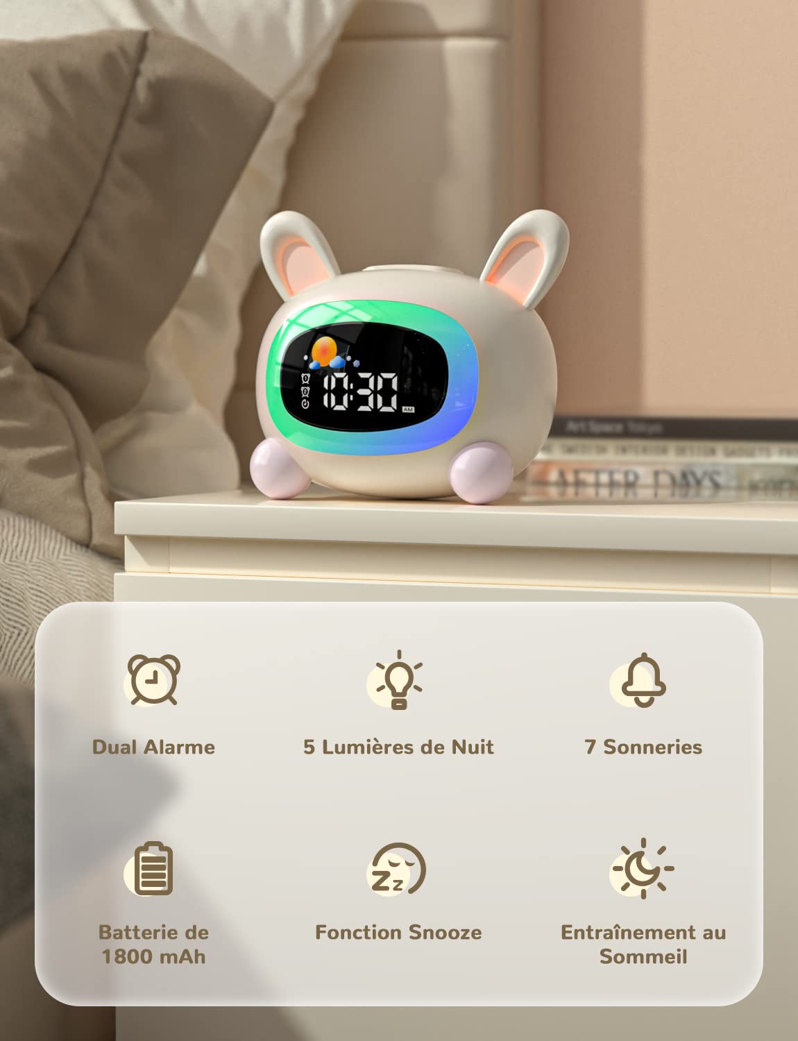 LIORQUE Sveglia per bambini, Sveglia da Comodino con Luce Notturna, Macchina Rumore Bianco, Doppia Allarme, Modalità Weekend, Sveglia Ricaricabile per Allenamento del Sonno Per i Bambini