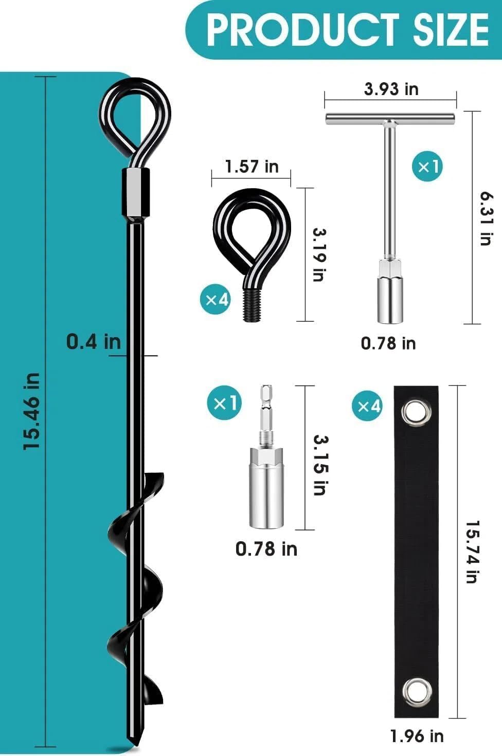 Trampolin Anchors Stakes Kit – 4/6/8/18 Zoll, geschraubte Bodenanker mit verstellbaren Befestigungsgurten für Awning RV, Schaukelspiel, Baldaulin, Zelt und Krawattenausgänge für Hunde (8 Stück)