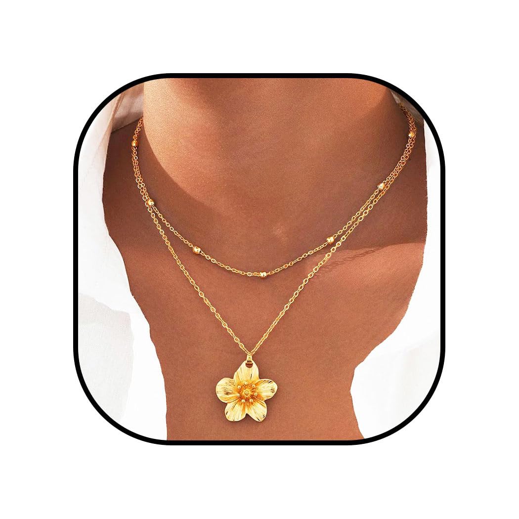 ACEDRE Gold Flower Necklace Layered Dainty Floral Pendant Necklaces Chain Accessories for Women