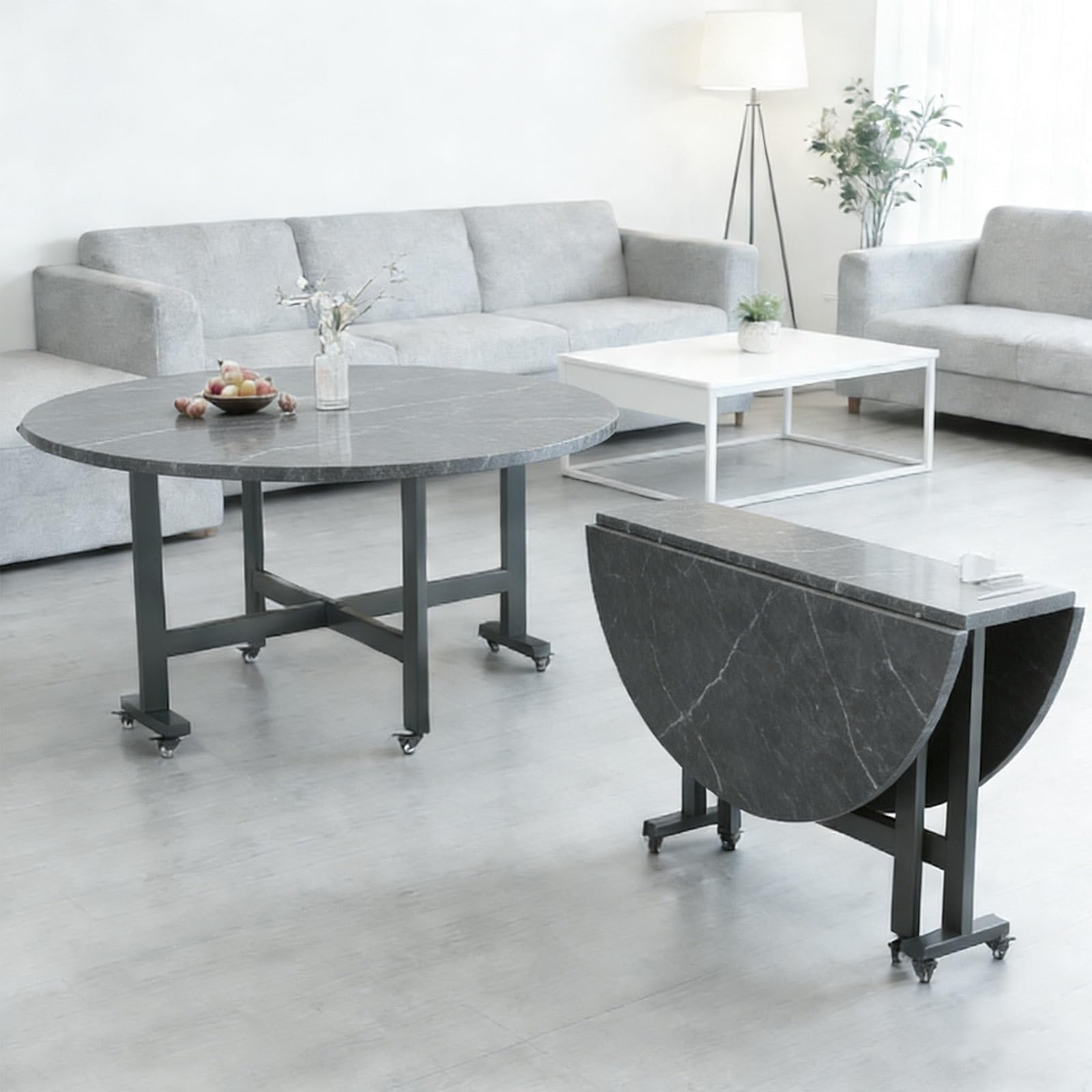 Home Use Folding Dining Table Versatile Movable Round Portability Fold Down Desk with 6 Wheels Collapsible Extendable Tables Simple Restaurant Drop-Leaf Kitchen Table 1Pc(Gray Marble,51in)