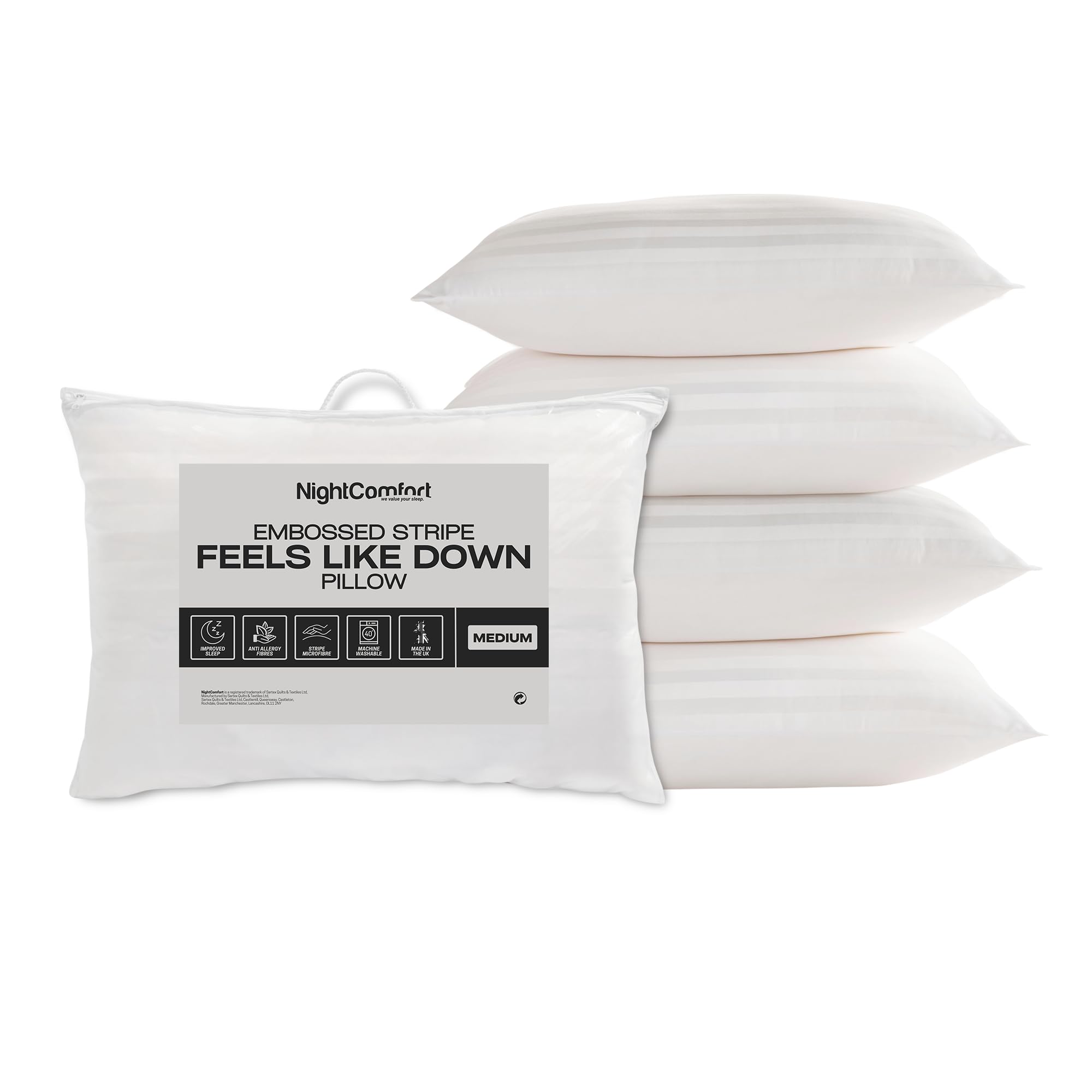 Night Comfort Medium Support Satin Stripe White Pillow - Hypoallergenic Microfibre Pillows For Side Sleepers, Filled With Bouncy Hollowfibre, Big Pillows For Bed (Pack Of 4)
