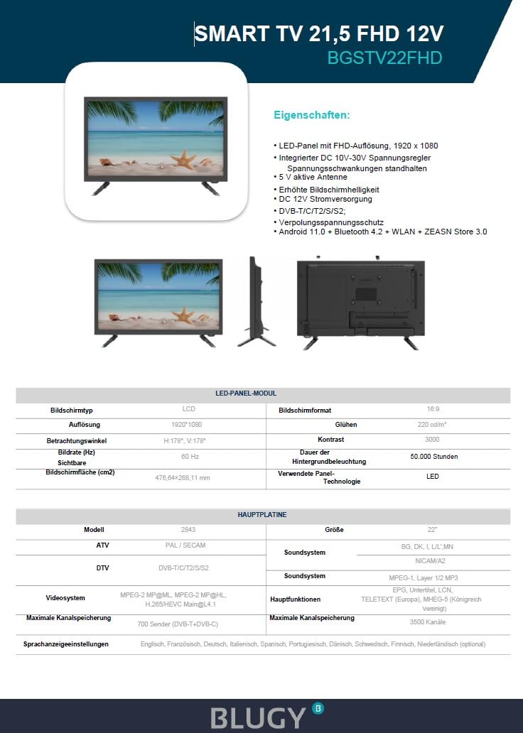 Televisión Smart 21.5" LED HD 12V 1920x1080 Píxeles, Travel TV Ideal para vehículos, caravanas, Camiones, Barco, Altavoz Integrado Disney+ Netflix Youtube [Clase de eficiencia energética A]