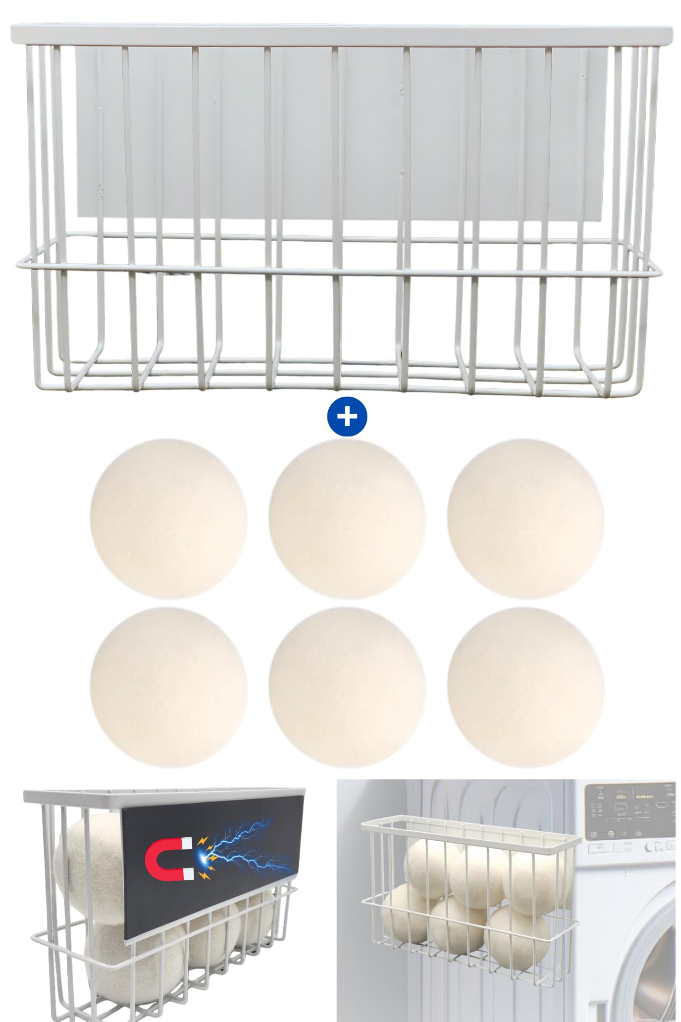 6 XL Wool Dryer Balls with Magnetic Dryer Ball Holder for Laundry Storage