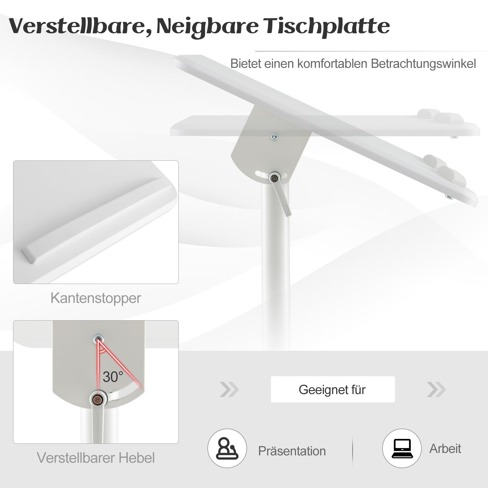 COSTWAY mobiles Rednerpult, Stehpult höhenverstellbarer, Laptopwagen mit neigbarer Tischplatte, Ablagefach & Getränkehalter, Kanzelständer mit feststellbaren Rollen für Zuhause, Büro (Weiß)