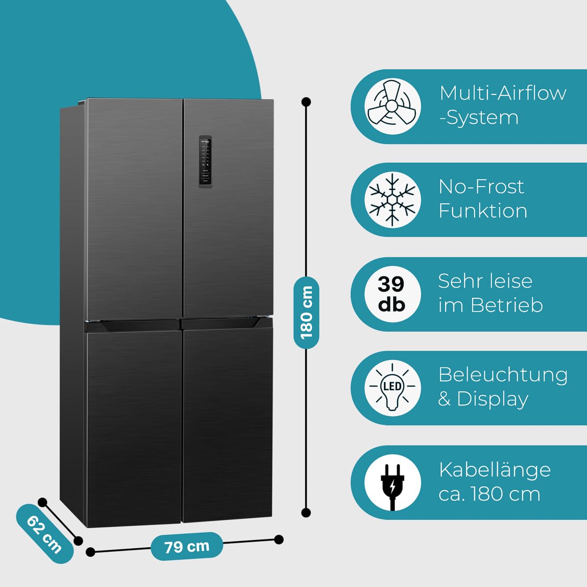 Bomann, KG7358-Noir Réfrigérateur et Congélateur 362L Noir, Système MultiAirflow, Total No Frost, Écran LED Tactile, Économie d'Énergie, 237L Réfrigérateur + 125L Congélateur, 39 dB, 180x79x62 cm