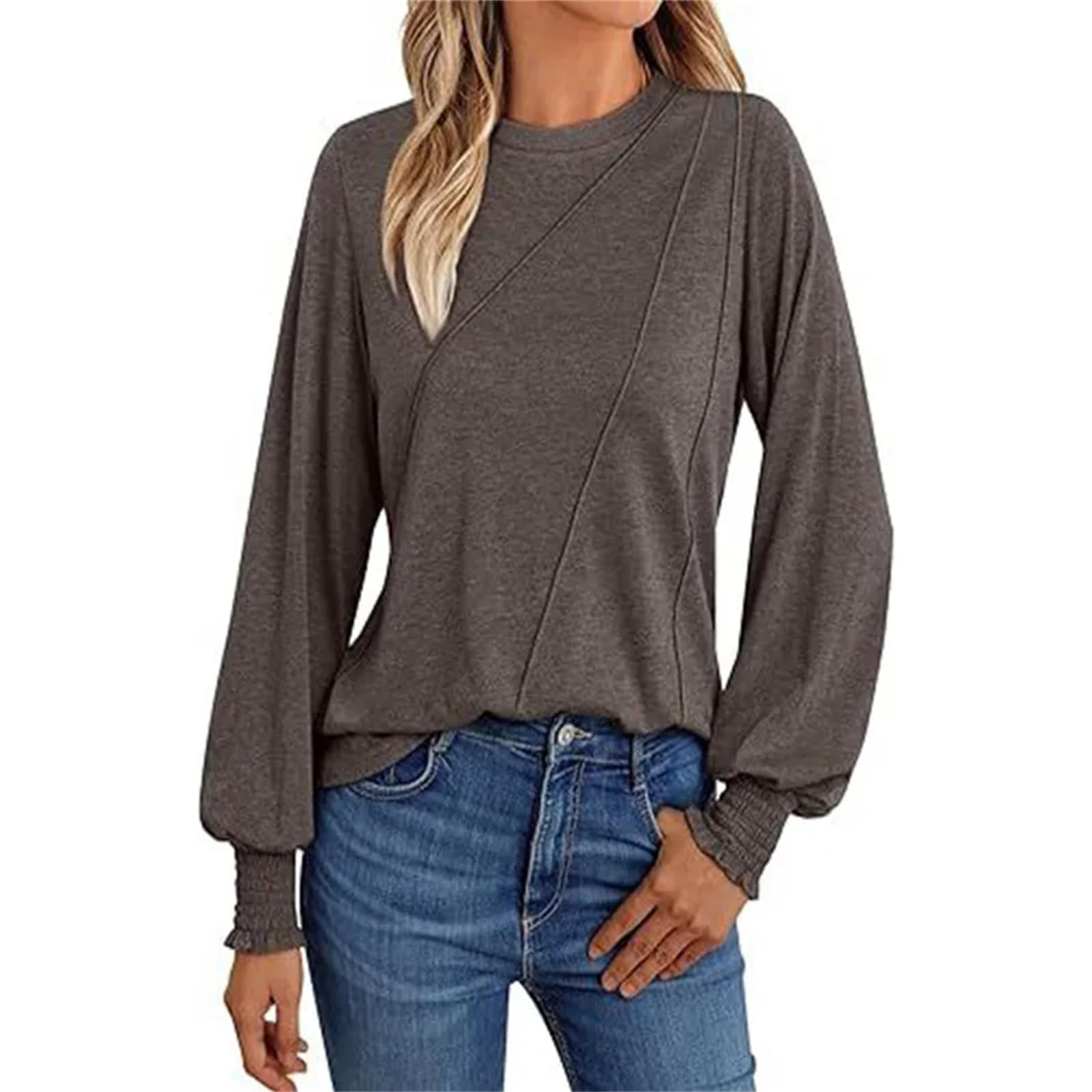 Camiseta holgada de manga larga con cuello redondo para mujer, color liso, plisada, casual