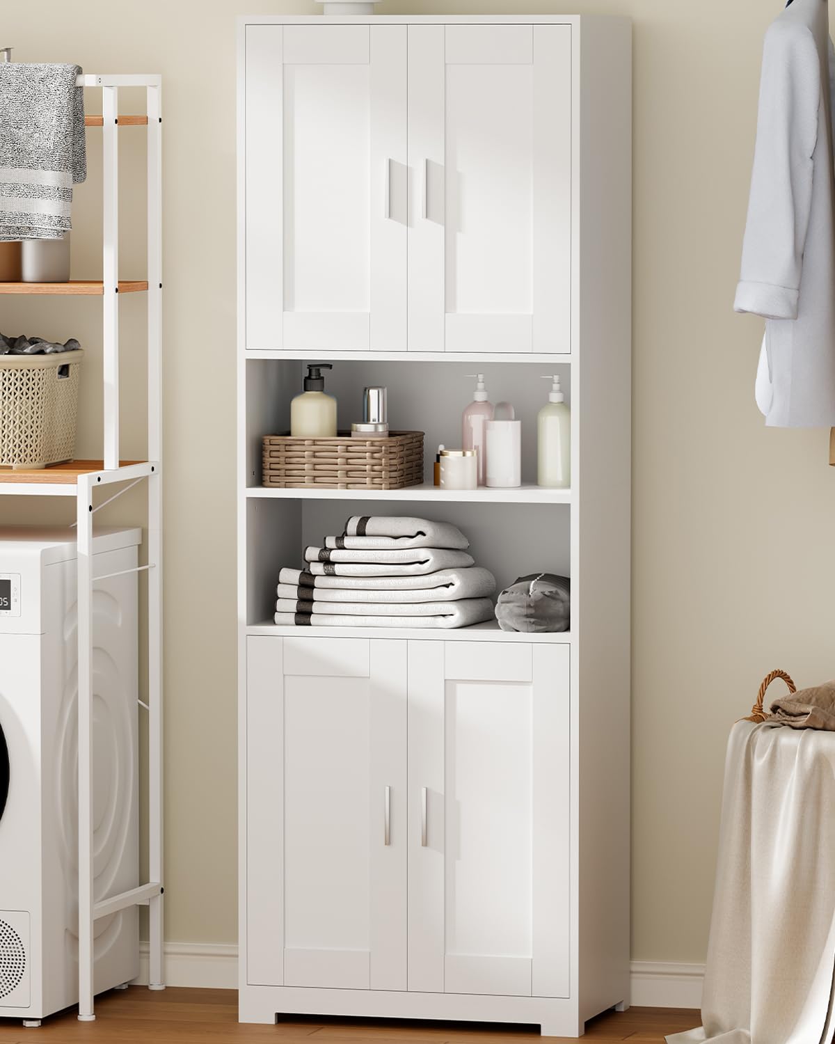 BEWISHOME Badezimmerschrank Hoch, Bad hochschrank, Badschrank Hochschrank mit 4 Türen und Verstellbare Ablagen, für Badezimmer/Wohnzimmer/Küche, Weiß, 30 * 60 * 170cm EYYG09W